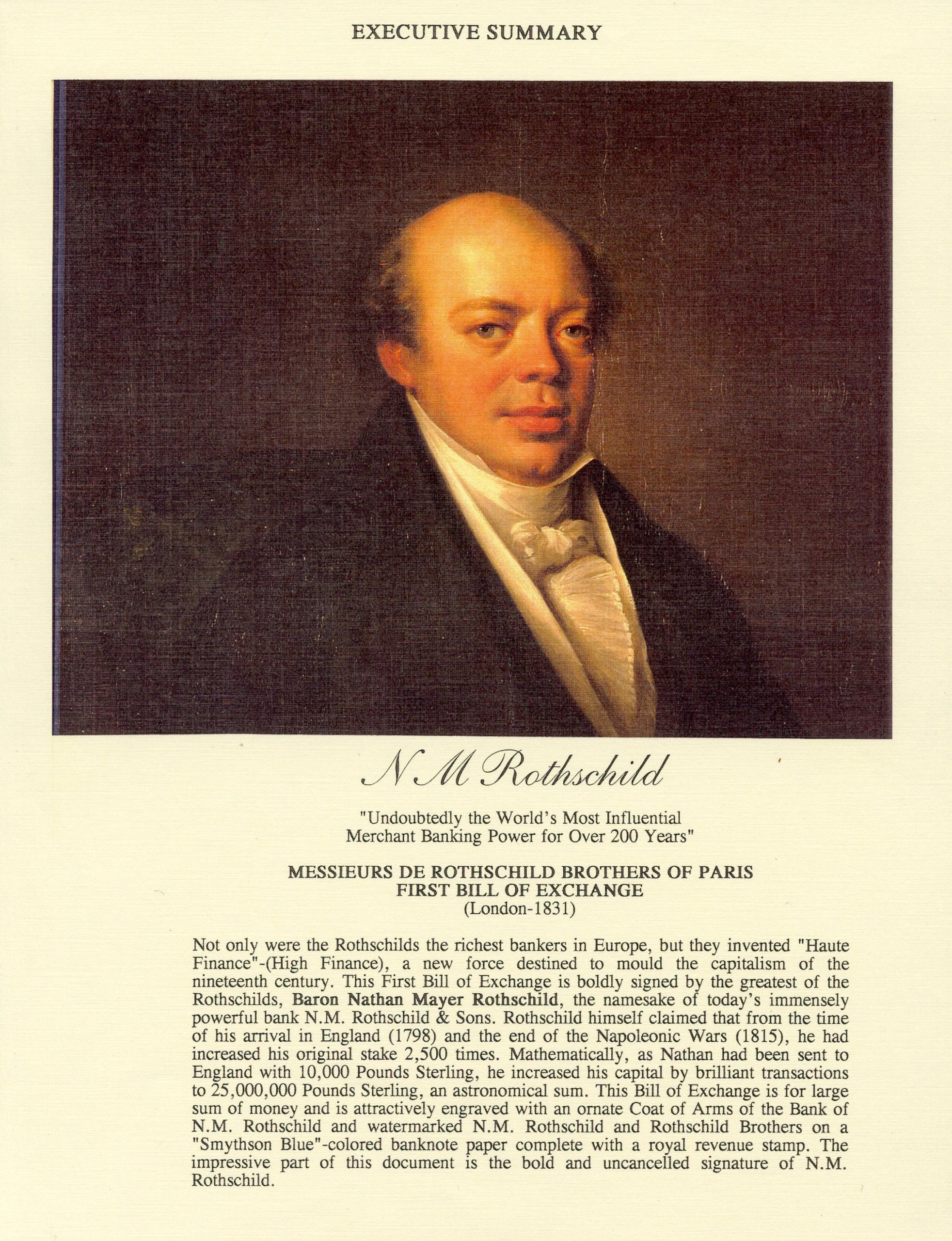 An annotated scan of a 19th-century newspaper clipping featuring a portrait of Nathan Mayer Rothschild or a detailed illustration from a historic financial journal.